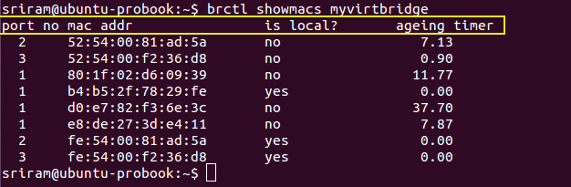 Step 2 - View MAC Table using brctl showmacs command